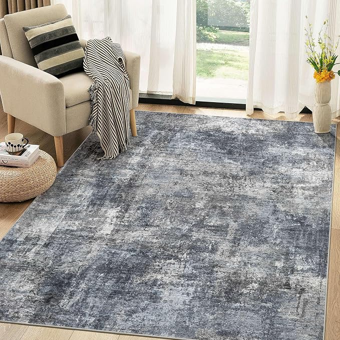 Abstract 5x7 Area Rug: Machine Washable Non Slip Ultra Thin Low-Pile Carpet, Soft Stain Resistant for Living Room Bedroom Nursery, Kid Pet Friendly, Robot Vacuum Compatible - Dark Grey/Blue