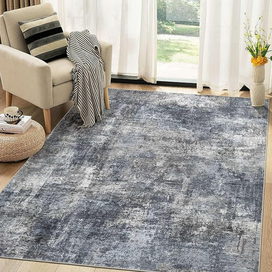 Abstract 5x7 Area Rug: Machine Washable Non Slip Ultra Thin Low-Pile Carpet, Soft Stain Resistant for Living Room Bedroom Nursery, Kid Pet Friendly, Robot Vacuum Compatible - Dark Grey/Blue