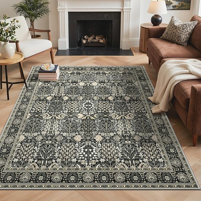 Bavni Washable Rugs 10x14 Machine Washable Rug Lightweight Low Pile, Vintage Floral Rug Non-Shedding Distressed Throw Carpet for Living Room Bedroom Office, Black