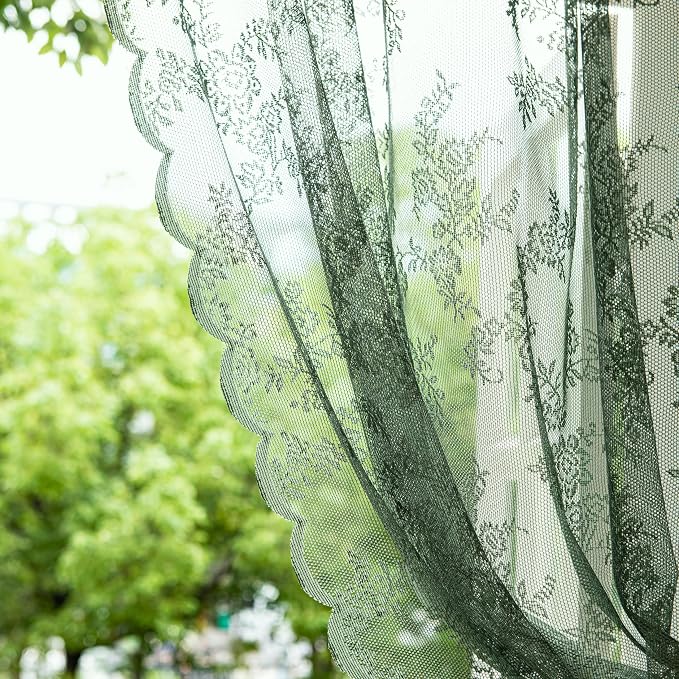 Sutuo Home Olive Green Lace Curtains 2 Panels Set for Bedroom Living Room 108 Inches Long, Sheer Privacy Light Filter Vintage Floral Embroidery Window Treatment Pair Decor, Rod Pocket, W57 x L108