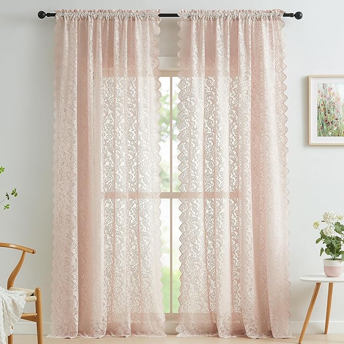 Bujasso Pink Sheer Lace Curtains 54 inch Victorian Short Curtain Panels for Kitchen Living Room Bedroom Elegant Light Filtering Pink Drapes Window Treatment Sets Grommet Top 2 Panels 54" Wx54 L