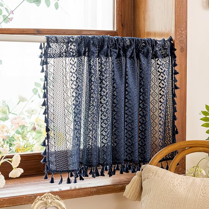 Sutuo Home Boho Lace Sheer Short Curtains Valance 2 Panels for Kitchen Window Curtains Over Sink, Closet Crochet Privacy Farmhouse Vintage Chic Handmade Tassels Rod Pocket, 50" W x 36" L Navy Blue