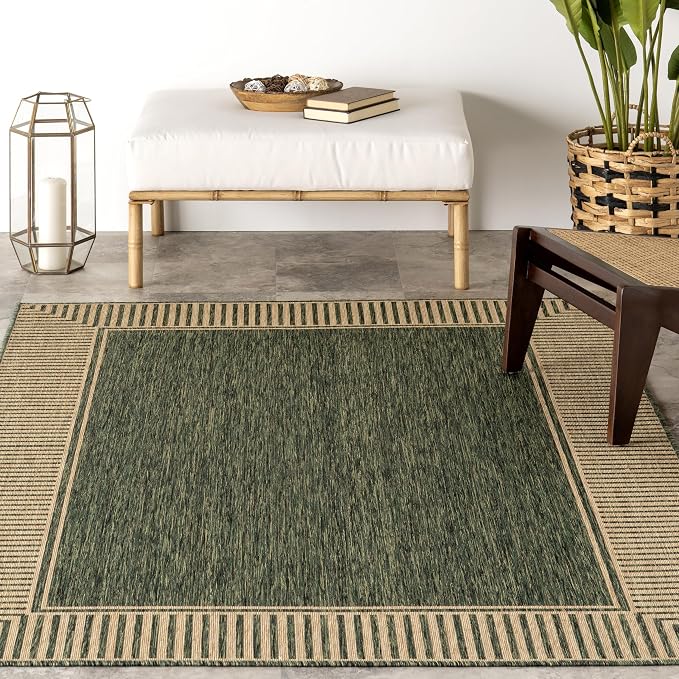 Nuloom Asha Green/Brown, 4' x 6', Casual, Striped Border, Soft and Cozy, High Traffic, Easy Clean, Durable Area Rug for Indoor/Outdoor Patio, Deck, Porch, Garden, Courtyard