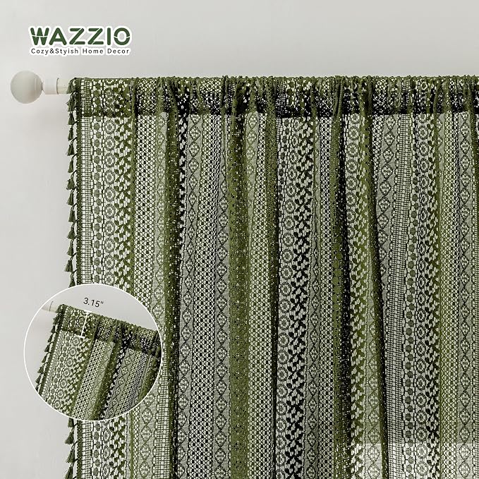 WAZZIO Boho Lace Curtains 84 Inches 2 Panel,Light Filtering Privacy Tassel & Geometry Crochet Semi Sheer Curtain Drapes for Bedroom Living Dining Room,Rod Pocket & Tassel,Olive Green