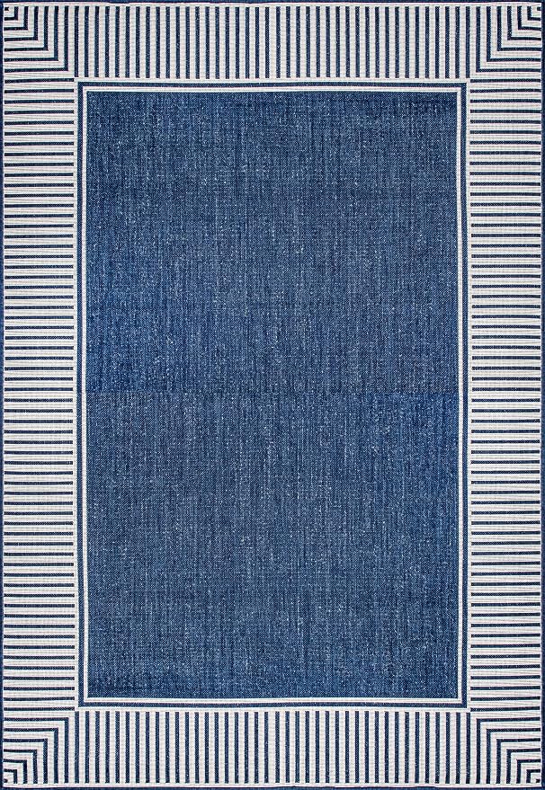 Nuloom Asha Navy/Ivory, 9'6" x 12', Casual, Striped Border, Soft and Cozy, High Traffic, Easy Clean, Durable Area Rug for Indoor/Outdoor Patio, Deck, Porch, Garden, Courtyard
