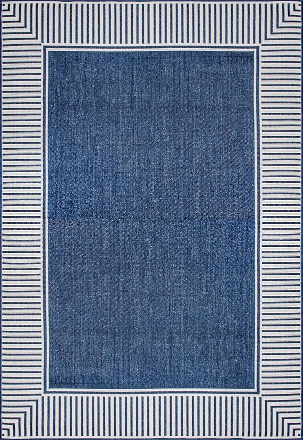 Nuloom Asha Navy/Ivory, 8' Square, Casual, Striped Border, Soft and Cozy, High Traffic, Easy Clean, Durable Area Rug for Indoor/Outdoor Patio, Deck, Porch, Garden, Courtyard