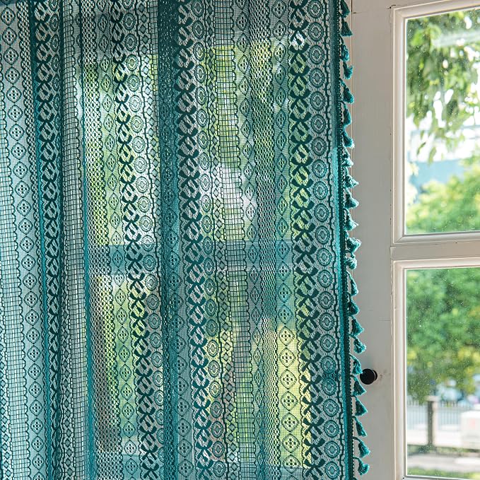 Sutuo Home Boho Curtains 72 inches Long for Bedroom Living Room, Crochet Lace Sheer Bohemian Hollow Knitted with Tassels, Rod Pocket Window Treatment Drapes, 1 Panel 59" W x 72" L, Turquoise