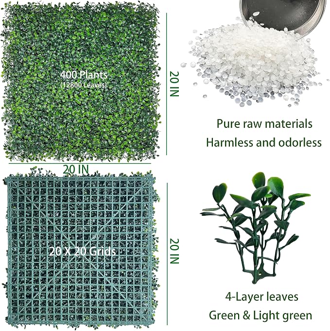 ODTORY Artificial Grass Wall Backdrop Panels, 20X20 in 12P (33.5 sqft) | UV-Anti, Faux Boxwood Hedge Fence, 4-Layer Leaves, Garden/Backyard/Balcony Privacy Screen, Indoor Outdoor Wall Decor
