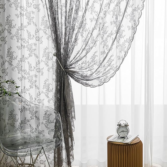 Sutuo Home Lace Curtains 2 Panels Set, Gray Sheer 84 Inch Long Window Floral Vintage Voile Window Panel Treatment for Bedroom/Living Room/Kitchen, Decor Rod Pocket W57 x L84