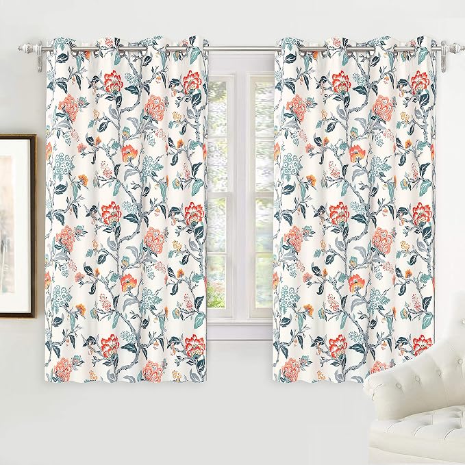DriftAway Ada Floral Botanical Print Flower Leaf Lined Thermal Insulated Room Darkening Blackout Window Curtains 2 Layers Set of 2 Panels Each 52 Inch by 54 Inch Ivory Orange Teal