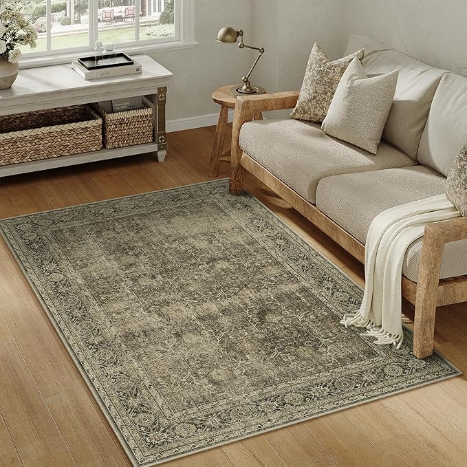 PureCozy Vintage Area Rug 4x6 Light Brown Bedroom Indoor Kitchen Washable Living Room Carpet Tribal Distressed Retro Accent Throw Rug for Office Dining Room Bathroom Faux Wool