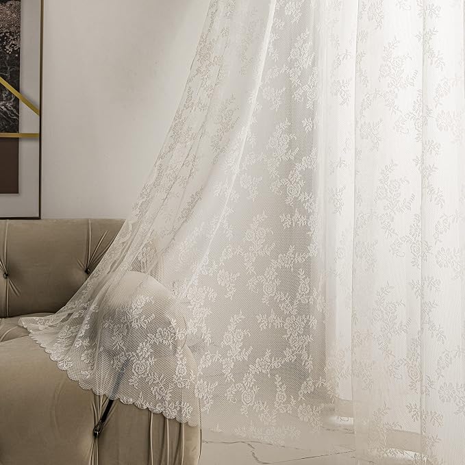 Sutuo Home Ivory Lace Curtains Set of 2, Sheer Panels 45 Inch Length Floral Embroidery Vintage Voile Window Treatment Pair for Bedroom Living Room Kitchen, Shabby Chic Decor Rod Pocket, W57 x L45