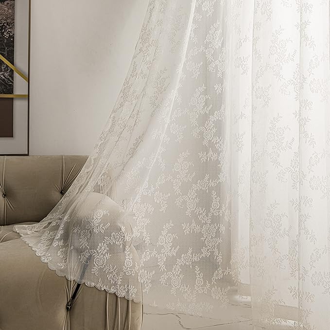 Sutuo Home Ivory Lace Curtains Set of 2, Sheer Panels 63 Inch Length Floral Embroidery Vintage Voile Window Treatment Pair for Bedroom Living Room Kitchen, Shabby Chic Decor Rod Pocket, W57 x L63