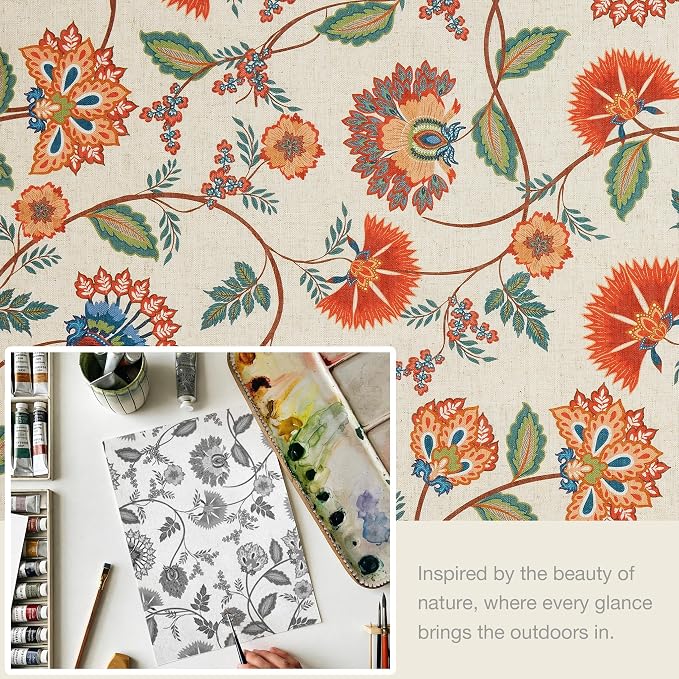 Vision Home Spice Red Floral Pinch Pleat Light Filtering Curtains Panels, Linen Window Drapes with Microfiber Liner & Back Tab Hooks for Living Room Bedroom, Vintage Jacobean Print 40" Wx102 Lx2