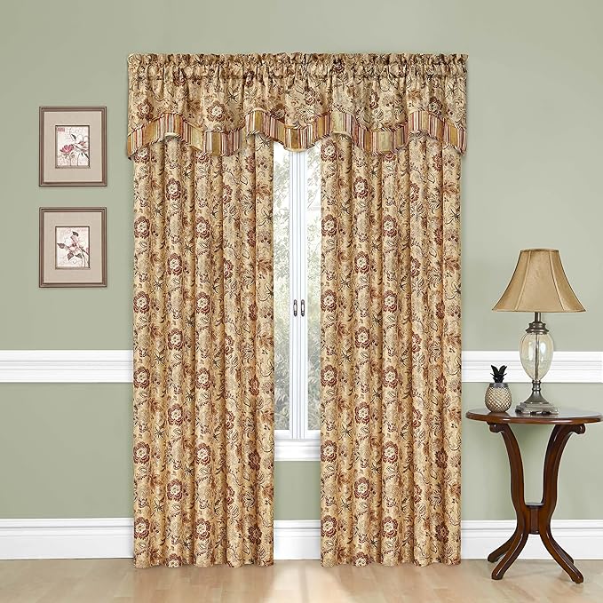 Waverly Traditions Navarra Farmhouse Scalloped Rod Pocket Valance for Windows in Bedroom, Kitchen, or Living Room, 52" x 16", Antique