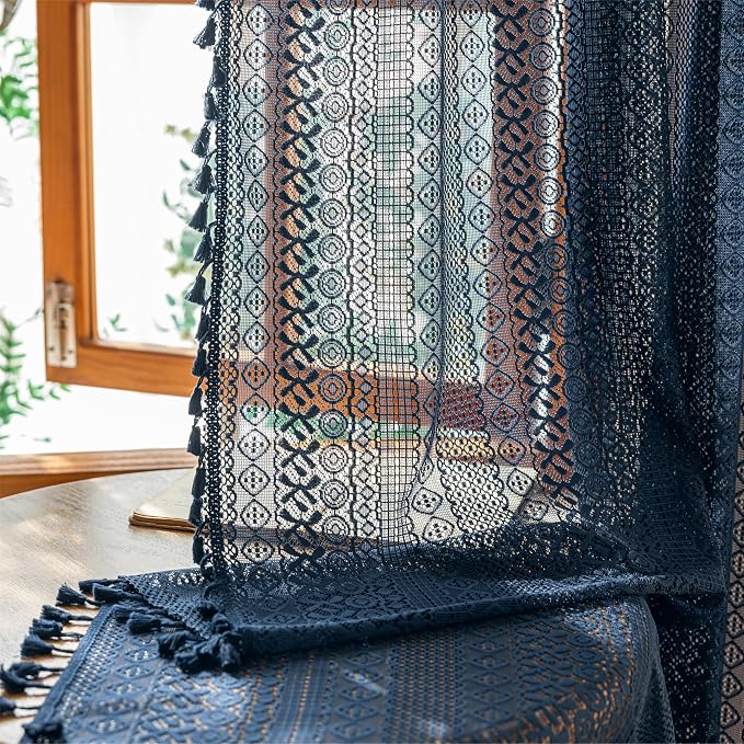 Sutuo Home Navy Blue Boho Curtains 84 inches Long for Bedroom Living Room,Macrame Lace Sheer Bohemian Tassels Vintage Crochet Privacy Window Farmhouse Curtains Drapes Decor, Rod Pocket 1 Panel 59" W