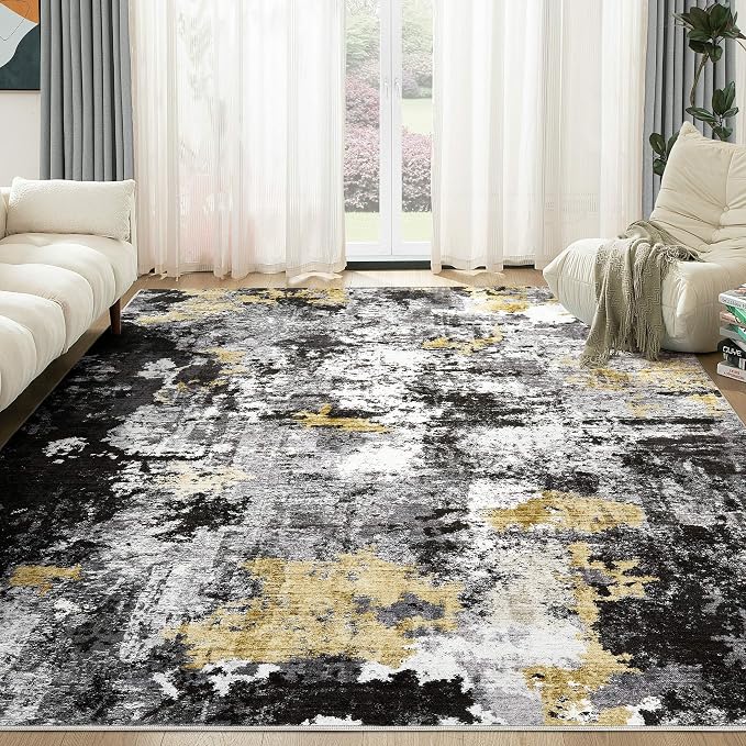 Abstract 6x9 Area Rug: Machine Washable Non Slip Ultra Thin Low-Pile Carpet, Soft Stain Resistant for Living Room Bedroom Nursery, Kid Pet Friendly, Robot Vacuum Compatible - Black Gold
