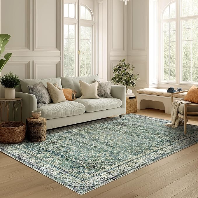 Blue and Green 5x7 Area Rugs for Living Room Christmas Low Pile Soft Moody Floral Rug with Washable Non Slip Boho Vintage Oriental Indoor Carpet for Bedroom Dining Room,5 by 7,Teal