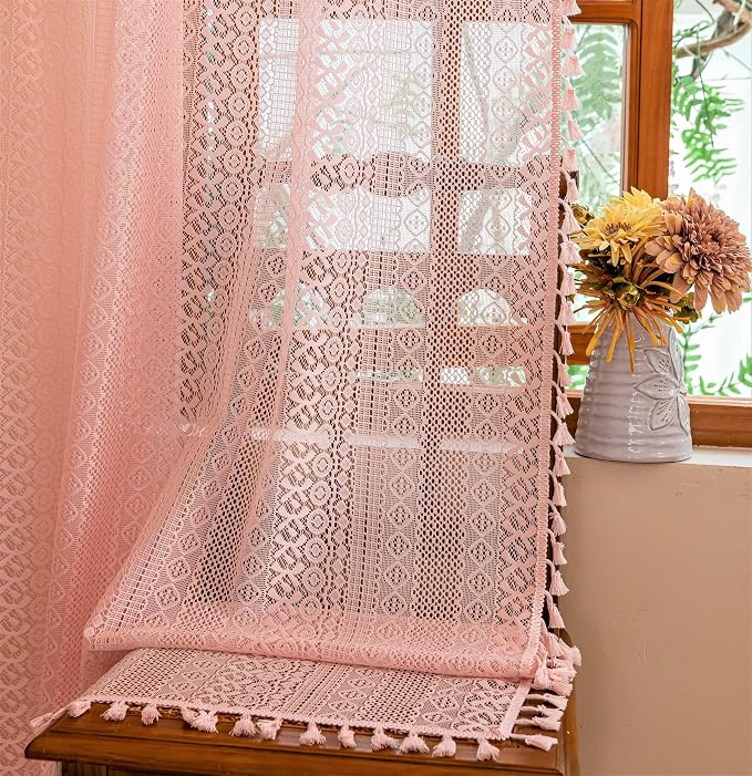 Sutuo Home Boho Sheer Curtains 96 inches Long for Living Room Dining Room, Lace Curtains Farmhouse Crochet Vintage Chic Princess Drapes Tassels Valentine's Decor Rod Pocket, 2 Panels 50" W,Light Pink