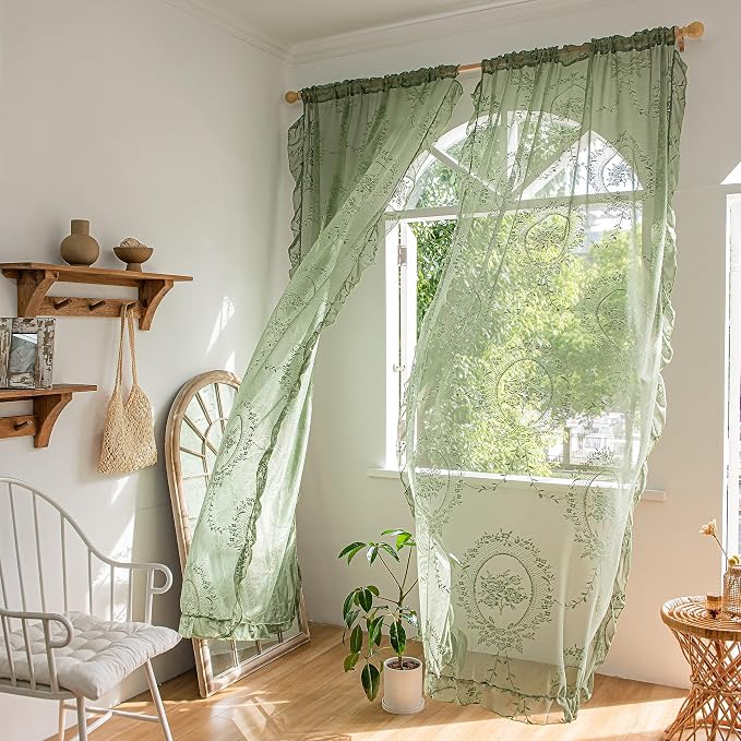 Sutuo Home Olive Green Lace Sheer Curtains 84 Inches Long for Bedroom Living Room Nursery,Rose Floral Embroidery Ruffled Vintage Chic Window Treatment Privacy Drapes, Rod Pocket,W57 x L84, 2 Panels