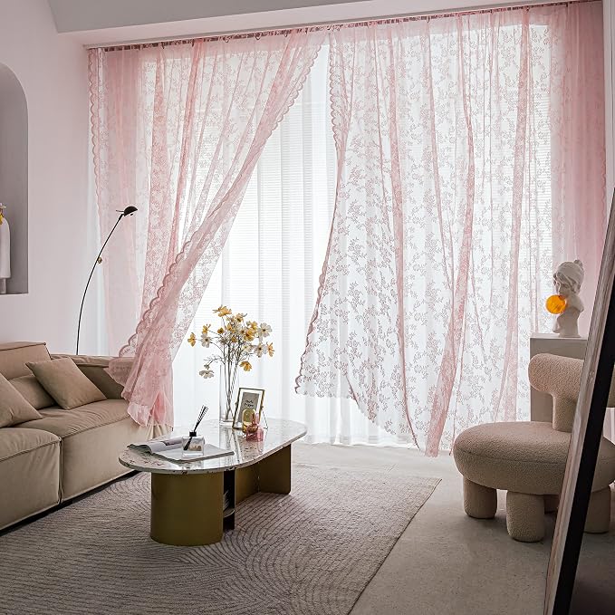 Sutuo Home Lace Curtains 2 Panels Set, Blush Pink Sheer 72 Inch Long Window Floral Vintage Voile Window Panel Treatment for Bedroom/Living Room/Kitchen, Decor Rod Pocket W57 x L72