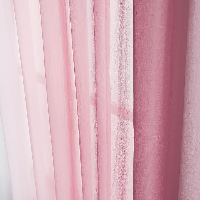 Purainbow Pink Ombre Sheer Curtains for Living Room Chiffon Crinkle Semi Sheer Curtain Panels for Bedroom Decor, Light Filtering Gradient Window Treatments with Grommet Top, 2 Panels, 52" Wx95 L