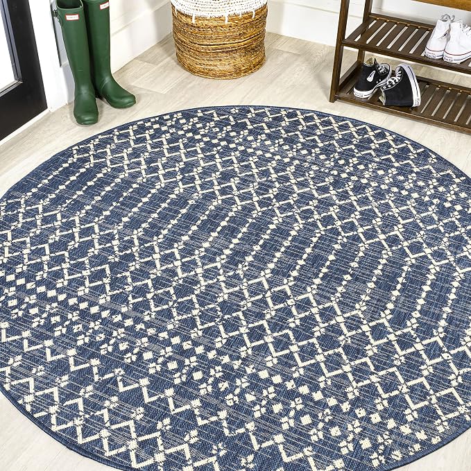 JONATHAN Y Moroccan Geometric Indoor Outdoor Round Area Rug 8 Ft Navy/Beige, Ourika Textured Weave for Backyard, Patio, Porch, Easy-Cleaning, High Traffic, Pet-Friendly, Non-Shedding (SMB108K-8R)