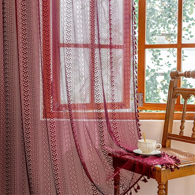 Sutuo Home Boho Curtains 2 Panels for Kitchen Bedroom, Red Lace Curtains Semi Sheer Crochet Vintage Country Tassels Bohemian Drape Privacy Window Treatments Rustic Decor Rod Pocket, 50" x 63" Burgundy