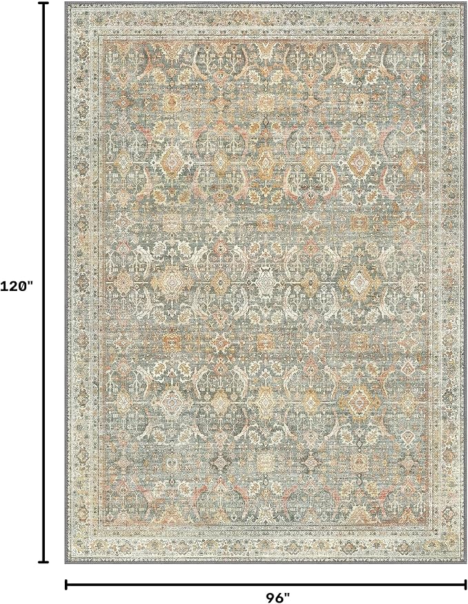 GENIMO 8x10 Area Rugs for Living Room, Machine Washable Non Slip Vintage Rugs, Low Pile Lightweight Chenille Print Rug for Bedroom, Dining Room, Home Office, Turmeric