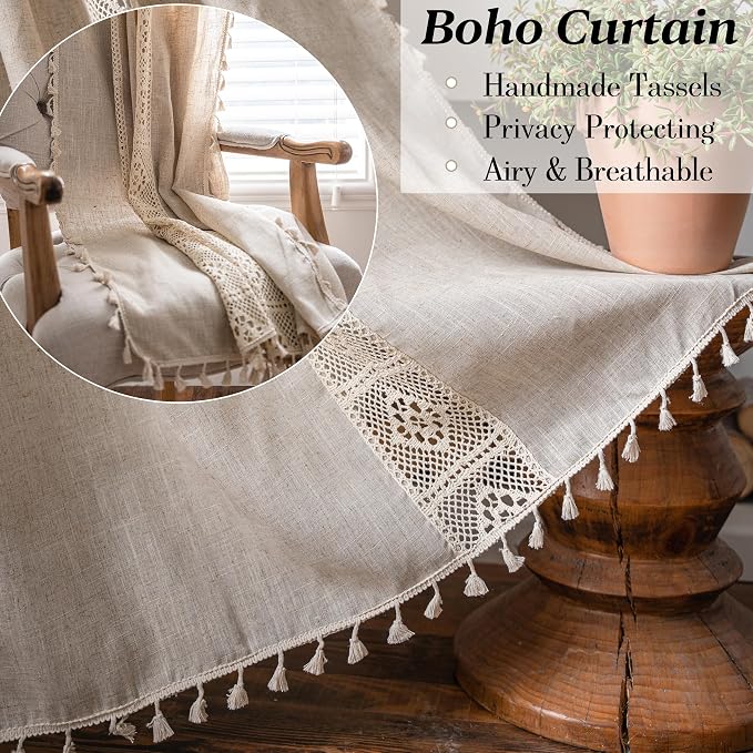 Sutuo Home Boho Linen Curtains for Kitchen Bedroom, Bohemian Semi Sheer Crochet Hollow Lace Patchwork with Textured Fabric Vintage Chic Handmade Tassels Rod Pocket Window Drapes, 59"W x 63"L, 1 Panel
