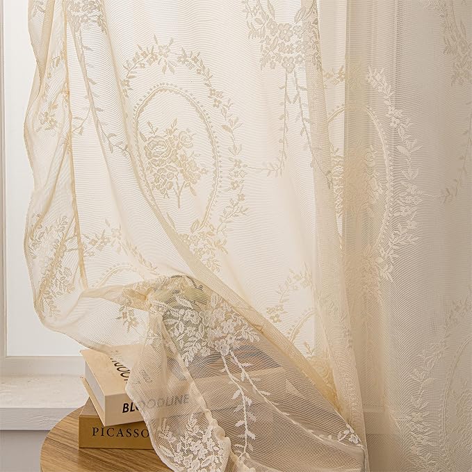 Sutuo Home Beige Lace Curtains Set of 2, Sheer Panels 63 Inch Length Rose Floral Embroidery Vintage Voile Window Treatment Pair for Bedroom Living Room, Shabby Chic Decor Rod Pocket, W57 x L63