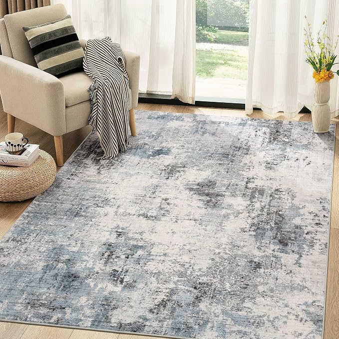 Abstract 7x9 Area Rug: Machine Washable Non Slip Ultra Thin Low-Pile Carpet, Soft Stain Resistant for Living Room Bedroom Nursery, Kid Pet Friendly, Robot Vacuum Compatible - Grey Blue
