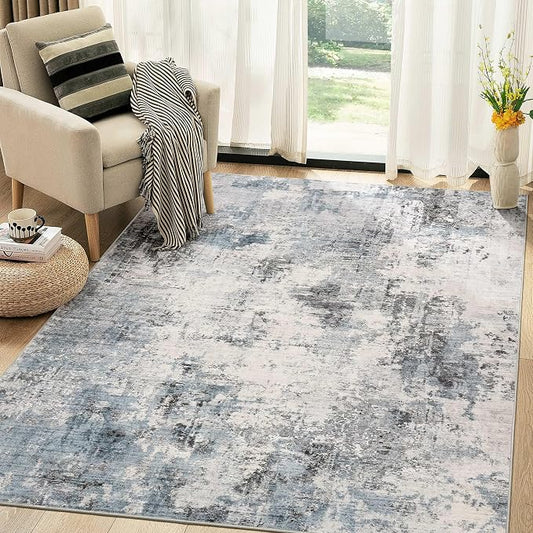 Abstract 5x8 Area Rug: Machine Washable Non Slip Ultra Thin Low-Pile Carpet, Soft Stain Resistant for Living Room Bedroom Nursery, Kid Pet Friendly, Robot Vacuum Compatible - Grey Blue