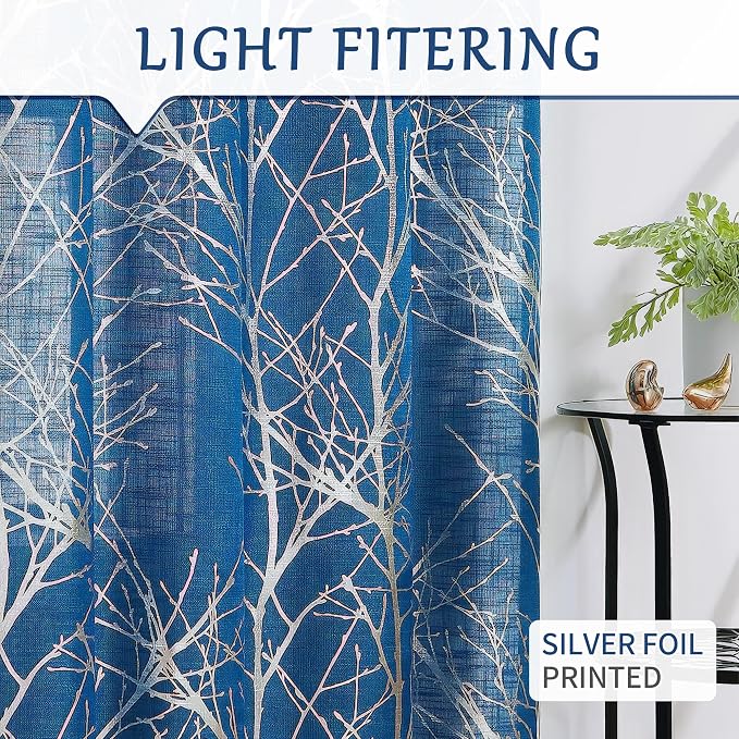 FMFUNCTEX Linen Semi Sheer Curtains for Bedroom & Living Room, Silver Metallic Print Navy Blue Tree Panel, Light Filtering, 63 Inches Long, 2 Panels