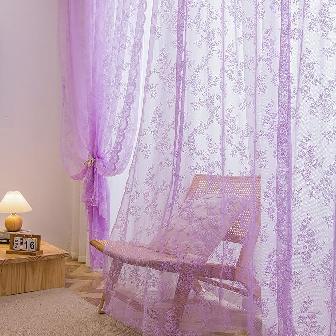 Sutuo Home Lace Curtains 2 Panels Set, Purple Sheer 45 Inch Long Window Floral Vintage Voile Window Panel Treatment for Bedroom/Living Room/Kitchen, Decor Rod Pocket W57 x L45
