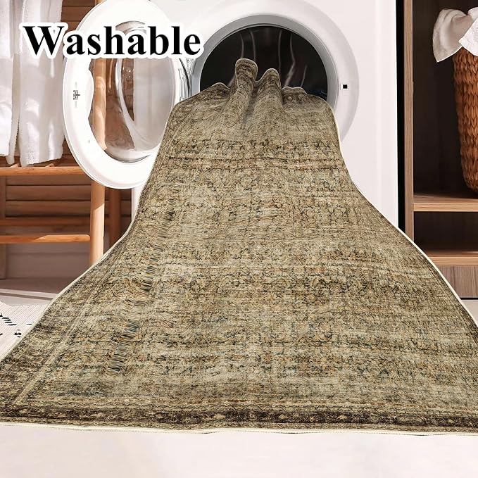 CHAMPLANT Area Rug 6x9 Washable Rug Dark Brown Vintage Traditional Distressed Thin Retro Kitchen Indoor Floor Cover Non Slip Carpet Floral Print Mat Living Room Bedroom Dining Room