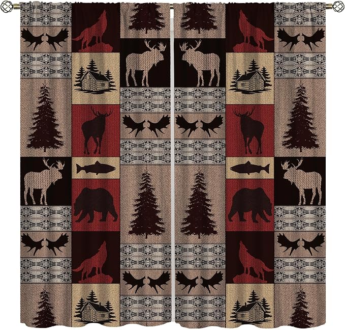 Retro Animal Blackout Curtains for Kitchen Rural Retro Old Forest Hunting Cabin Farmhouse Deer Elk Wolf Bear Wildlife Vintage Windows Treatments for Bedroom Living Room 72x63in