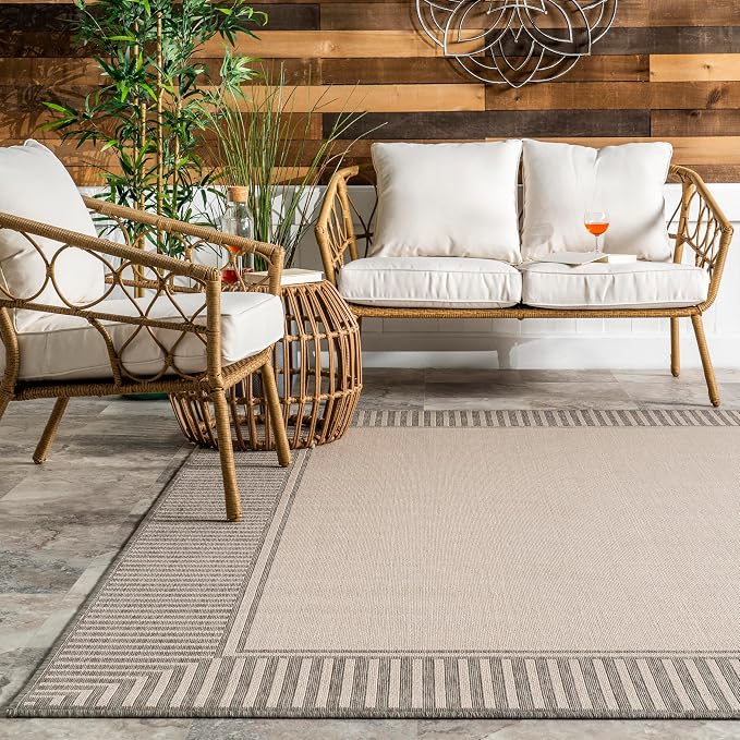 Nuloom Asha Light Grey/Ivory, 2' x 8', Casual, Striped Border, Soft and Cozy, High Traffic, Easy Clean, Durable Runner for Indoor/Outdoor Patio, Deck, Porch, Garden, Courtyard