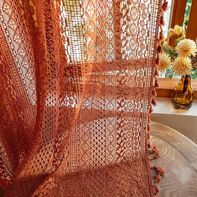 WAZZIO Boho Lace Curtains 80 Inches 2 Panel,Light Filtering Privacy Tassel & Geometry Crochet Semi Sheer Curtain Drapes for Bedroom Living Dining Room,Rod Pocket & Tassel,Full Decor,Burnt Orange