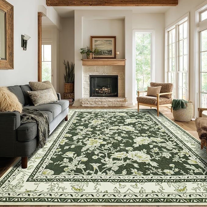 Olive Green Area Rugs 6x9 Living Room Washable Boho Vintage Sketch Floral Cream Beige Rugs for Bedroom Non Slip Soft Carpet for Dining Room Kids Girls Nursery, Lounge Peony Lily Pattern Floral Rug