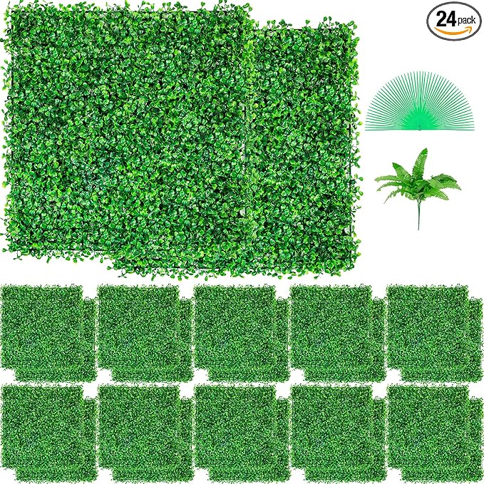 VEVOR Artificial Boxwood Panels 24pcs, 10 x 10 in Boxwood Hedge Wall Panel Artificial Grass Backdrop, 1.6 in Green Fake Grass Wall for Privacy Fence Decor Indoor Outdoor Garden Backyard