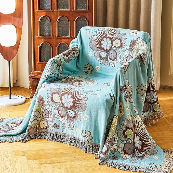 VANJOROY King Boho Throw Blanket 91" x 98", 100% Organic Cotton Breathable Skin-Friendly Ultra Soft Bed Quilt Blue Throw - Floral Rustic Decor Luxury Reversible Blanket for Sofa Couch Chair and Gift