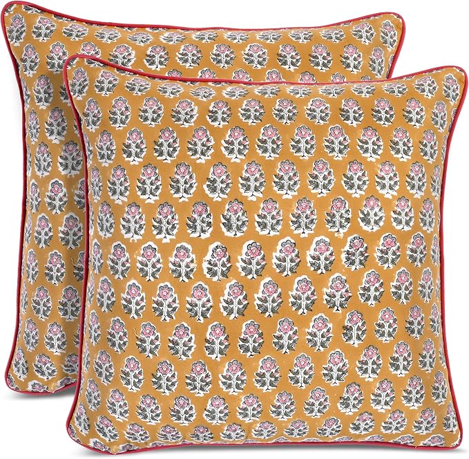 CPC 100% Cotton Throw Pillow Covers 24x24 Inch, Set of 2 Yellow Block Print Pattern Couch Pillow, Cute Boho Decorative Pillows for Living Room, Bedroom with Hidden Zipper- Yellow Citrine