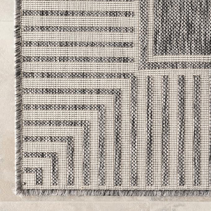 Nuloom Asha Grey/Ivory, 8' x 10', Casual, Striped Border, Soft and Cozy, High Traffic, Easy Clean, Durable Area Rug for Indoor/Outdoor Patio, Deck, Porch, Garden, Courtyard