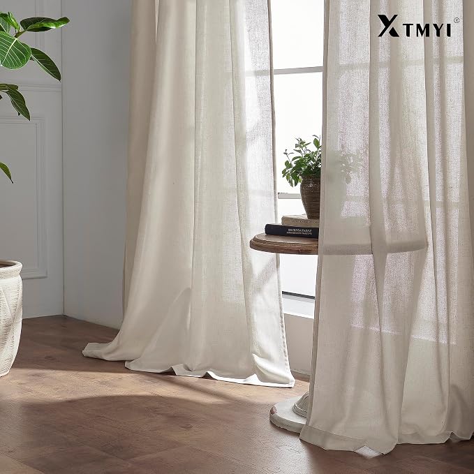 XTMYI Oatmeal Beige Back Tab/Hook Belt Linen Cotton Sheer Curtains 120 Inches Long for Living Room Bedroom 2 Panels Set
