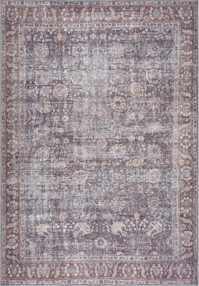 Bloom Rugs Washable 4' x 6' Rug - Brown/Dark Gray Traditional Area Rug for Living Room, Bedroom, Dining Room, and Kitchen - Exact Size: 4' x 6'