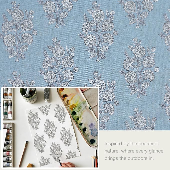 Vision Home Linen Print Pinch Pleated Light Filtering Curtains Panels, Blue Block Window Drapes with Microfiber Liner & Back Tab Hooks for Living Room Bedroom, Coastal Botanical 40x90 Inch Set of 2