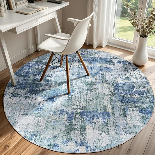 Sasttie 4ft Soft Round Area Rug, Modern Abstract Washable Circle Carpet for Living Room, Bedroom, Dining Room Table, with Non-Slip Backing, Blue and Green