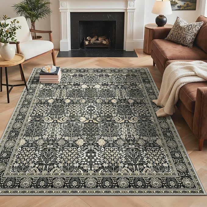 Bavni Area Rugs 8X10-Machine Washable Rug Lightweight Low Pile, Vintage Floral Rug Non-Shedding Distressed Throw Carpet for Living Room Bedroom Office, Black