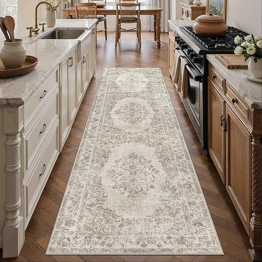 PureCozy 2'6"x8' Runner Rug Beige Washable Hallway Kitchen Bedroom Vintage Distressed Bathroom Non Slip Medallion Floral Carpet Indoor Retro Throw Floor Mat for Office Dining Laundry Living Room